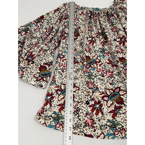 Turquoise Haven Tan Floral Print Tunic Blouse Bell Sleeve Size L Style Your Life - Picture 3 of 10